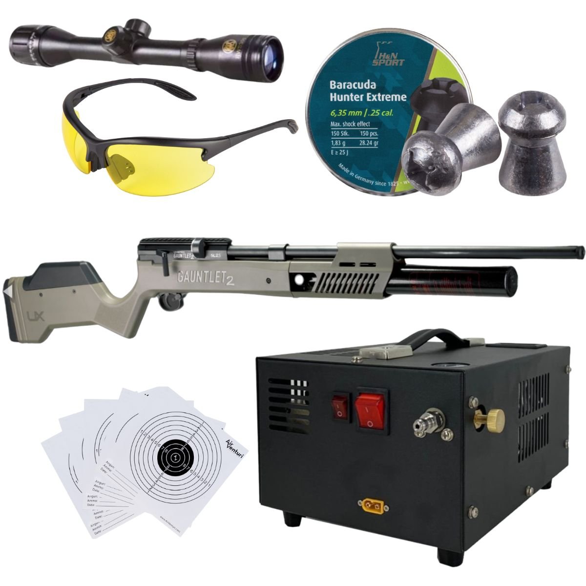 Rifle PCP Umarex Gauntlet SL .25 c/compresor, pellets, mira, lentes, targets. - Image 2