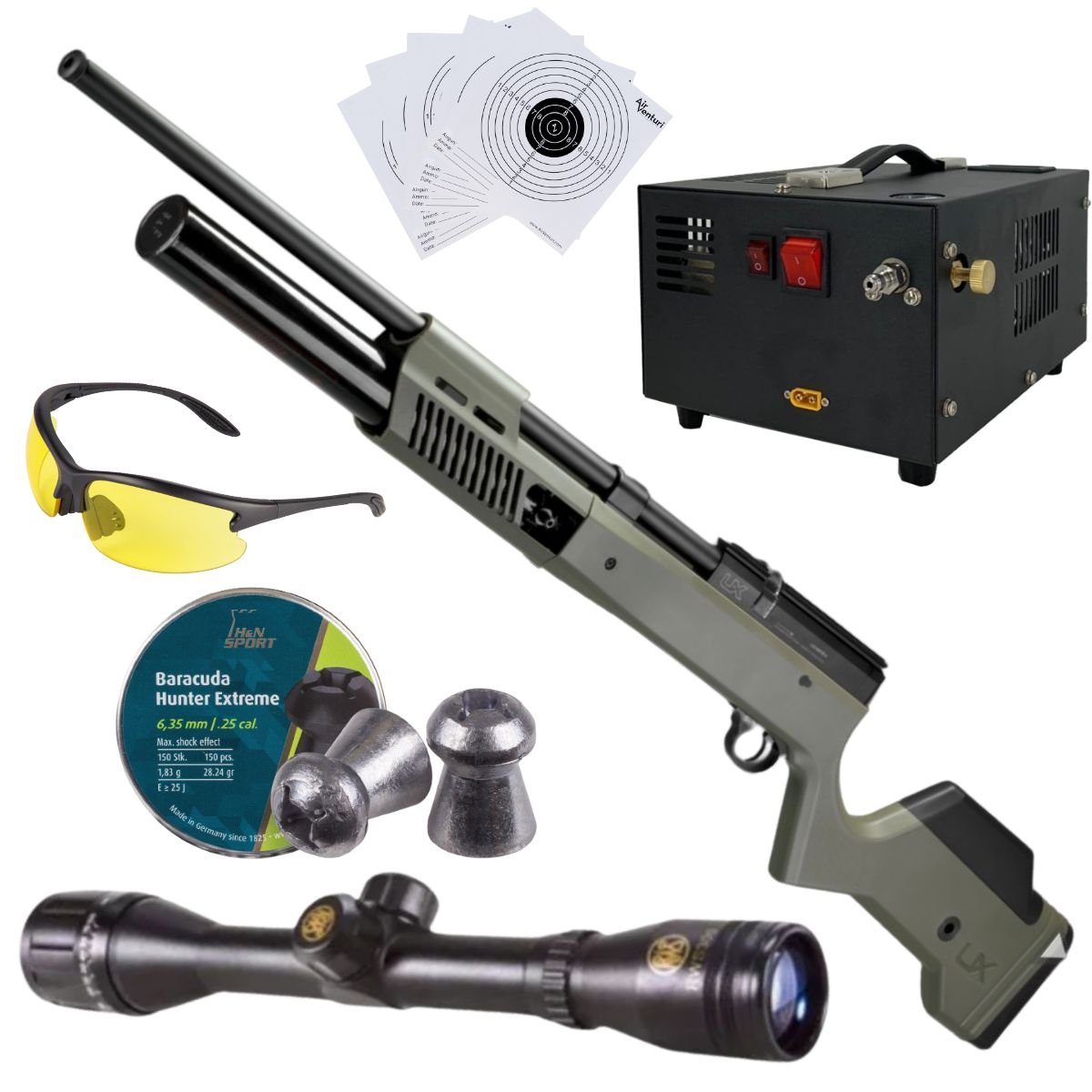 Rifle PCP Umarex Gauntlet SL .25 c/compresor, pellets, mira, lentes, targets.