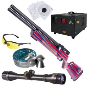 RIFLE PCP AIR VENTURI AVENGER ROJO/AZUL .22 c/compresor, pellets, mira, lentes, targets.