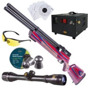 Rifle PCP Air Venturi Avenger .25 Rojo/Azul c/compresor, pellets, mira, lentes, targets.