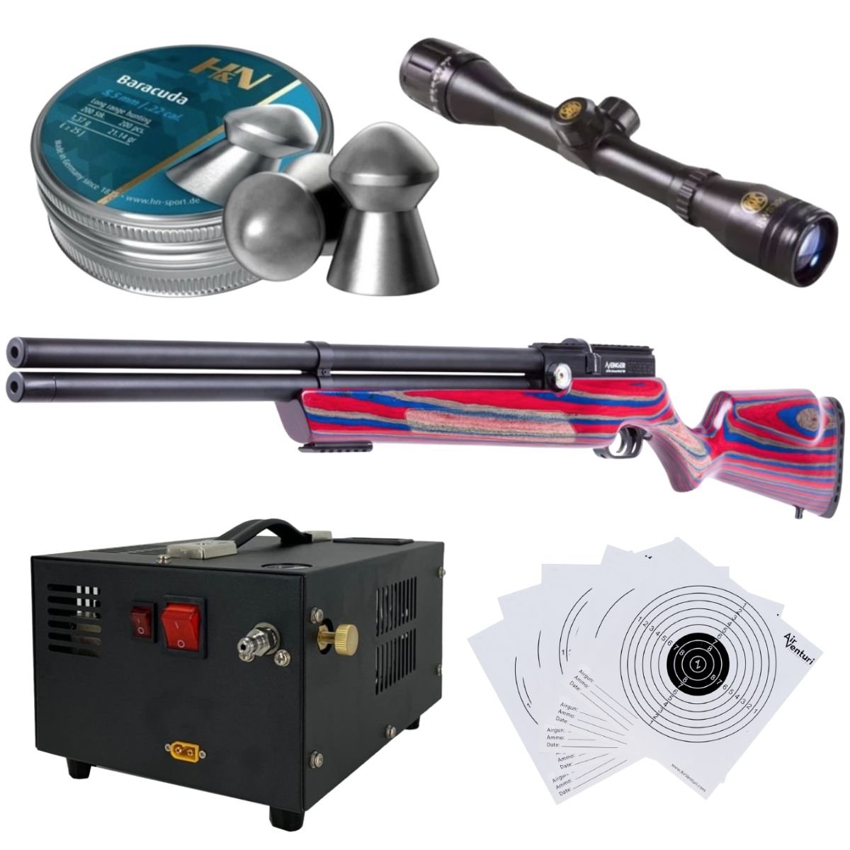 RIFLE PCP AIR VENTURI AVENGER ROJO/AZUL .22 c/compresor, pellets, mira, targets. - Image 3