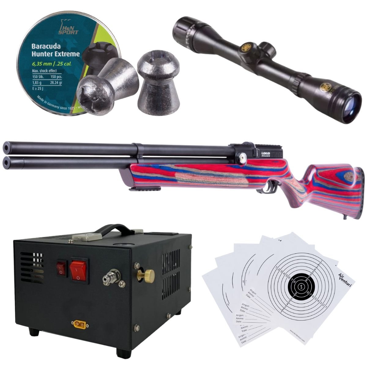 Rifle PCP Air Venturi Avenger .25 Rojo/Azul c/compresor, pellets, mira, targets. - Image 2