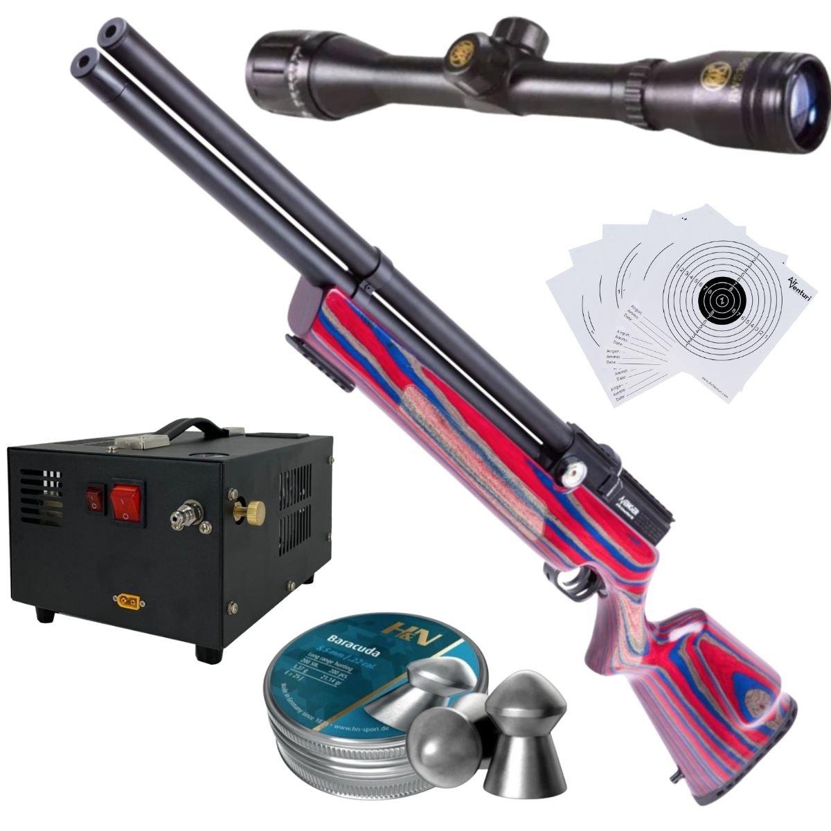 RIFLE PCP AIR VENTURI AVENGER ROJO/AZUL .22 c/compresor, pellets, mira, targets.