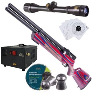 Rifle PCP Air Venturi Avenger .25 Rojo/Azul c/compresor, pellets, mira, targets.