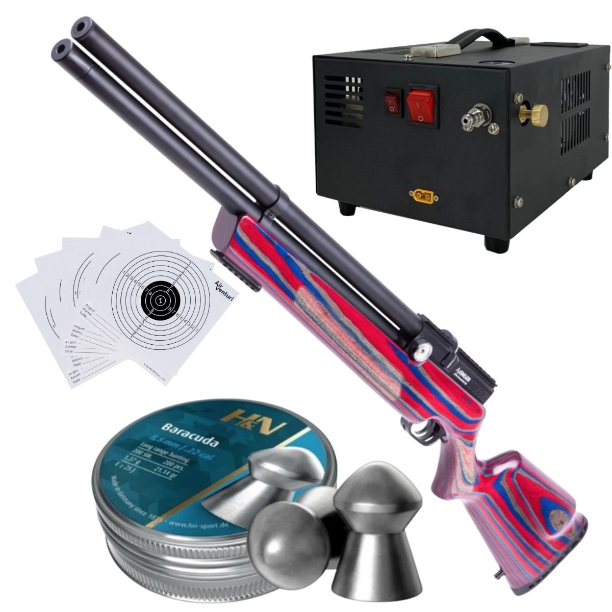 RIFLE PCP AIR VENTURI AVENGER ROJO/AZUL .22 c/compresor, pellets, targets.