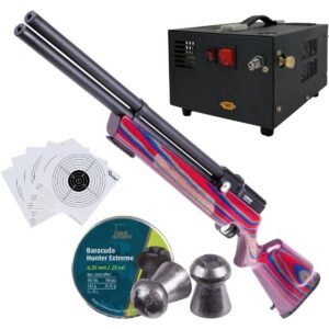 Rifle PCP Air Venturi Avenger .25 Rojo/Azul c/compresor, pellets, targets.