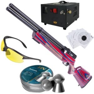 RIFLE PCP AIR VENTURI AVENGER ROJO/AZUL .22 c/compresor, pellets, lentes, targets.