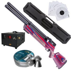 RIFLE PCP AIR VENTURI AVENGER ROJO/AZUL .22 c/compresor, pelets, estuche, targets.