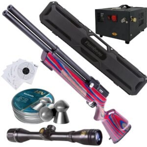 RIFLE PCP AIR VENTURI AVENGER ROJO/AZUL .22 c/compresor, pellets, estuche, mira, targets.