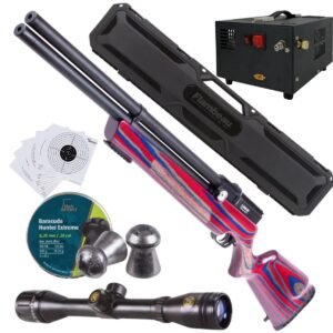 Rifle PCP Air Venturi Avenger .25 Rojo/Azul compresor, pellets, estuche, mira, targets.