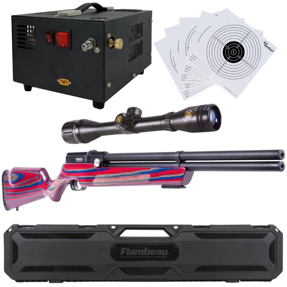 RIFLE PCP AIR VENTURI AVENGER ROJO/AZUL .22 c/compresor, estuchce, mira, targets. - Image 2