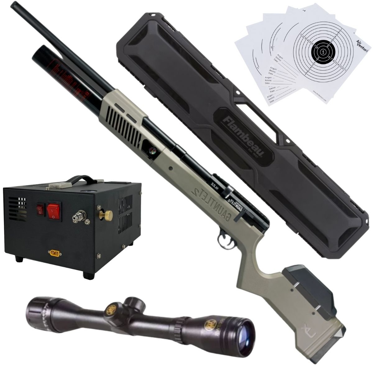 Rifle PCP Umarex Gauntlet SL .22 C/Compresor, estuche, mira, targets.