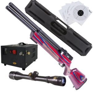 RIFLE PCP AIR VENTURI AVENGER ROJO/AZUL .22 c/compresor, estuchce, mira, targets.