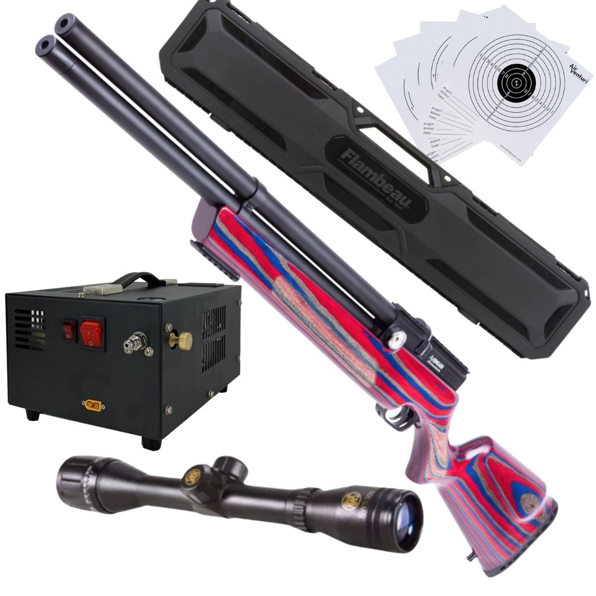 RIFLE PCP AIR VENTURI AVENGER ROJO/AZUL .22 c/compresor, estuchce, mira, targets.