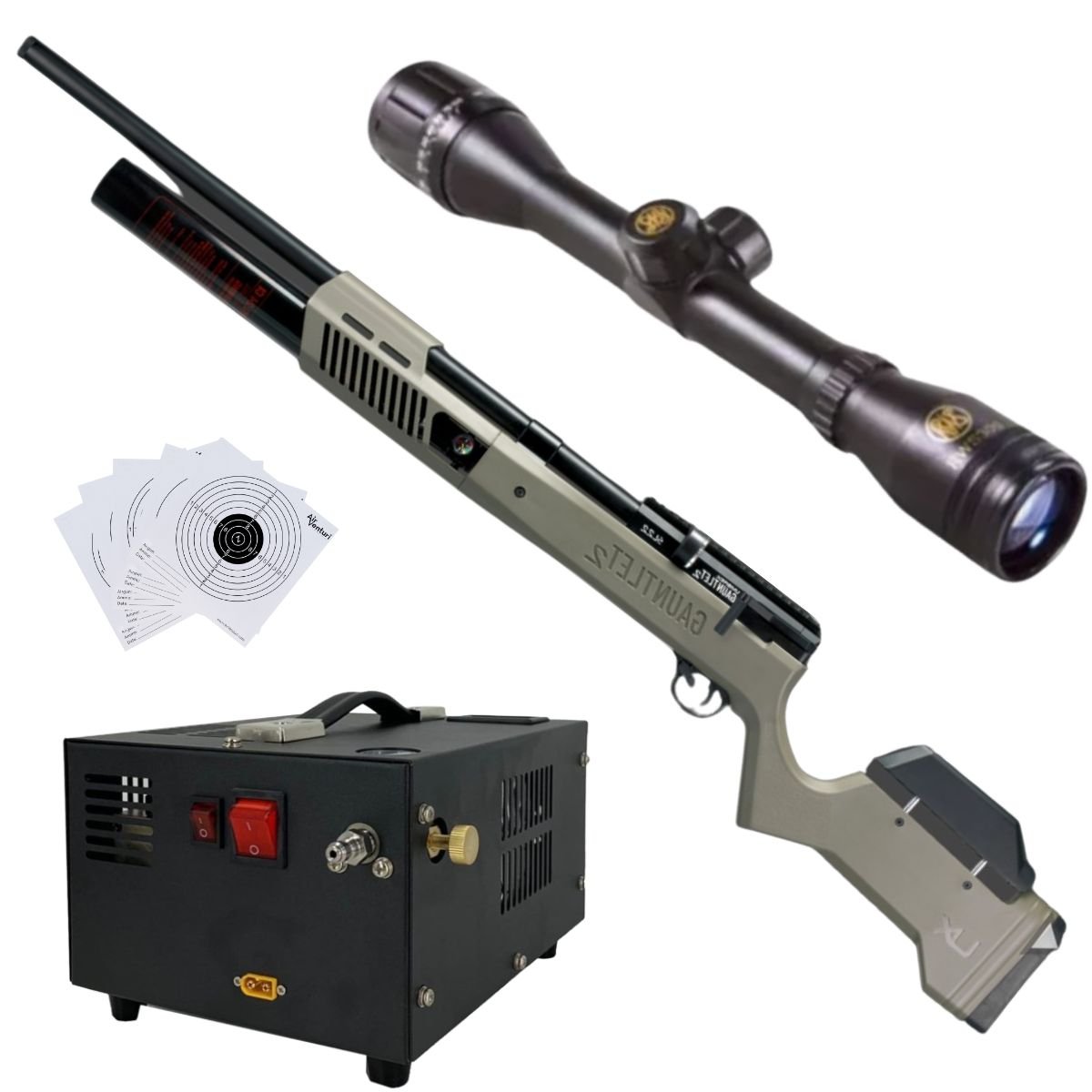 Rifle PCP Umarex Gauntlet SL .22 c/compresor, mira, targets.